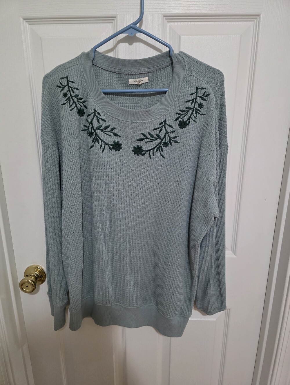 Maurices Sage Green Waffle Knit Crewneck Sweater with Embroidered Floral Yoke